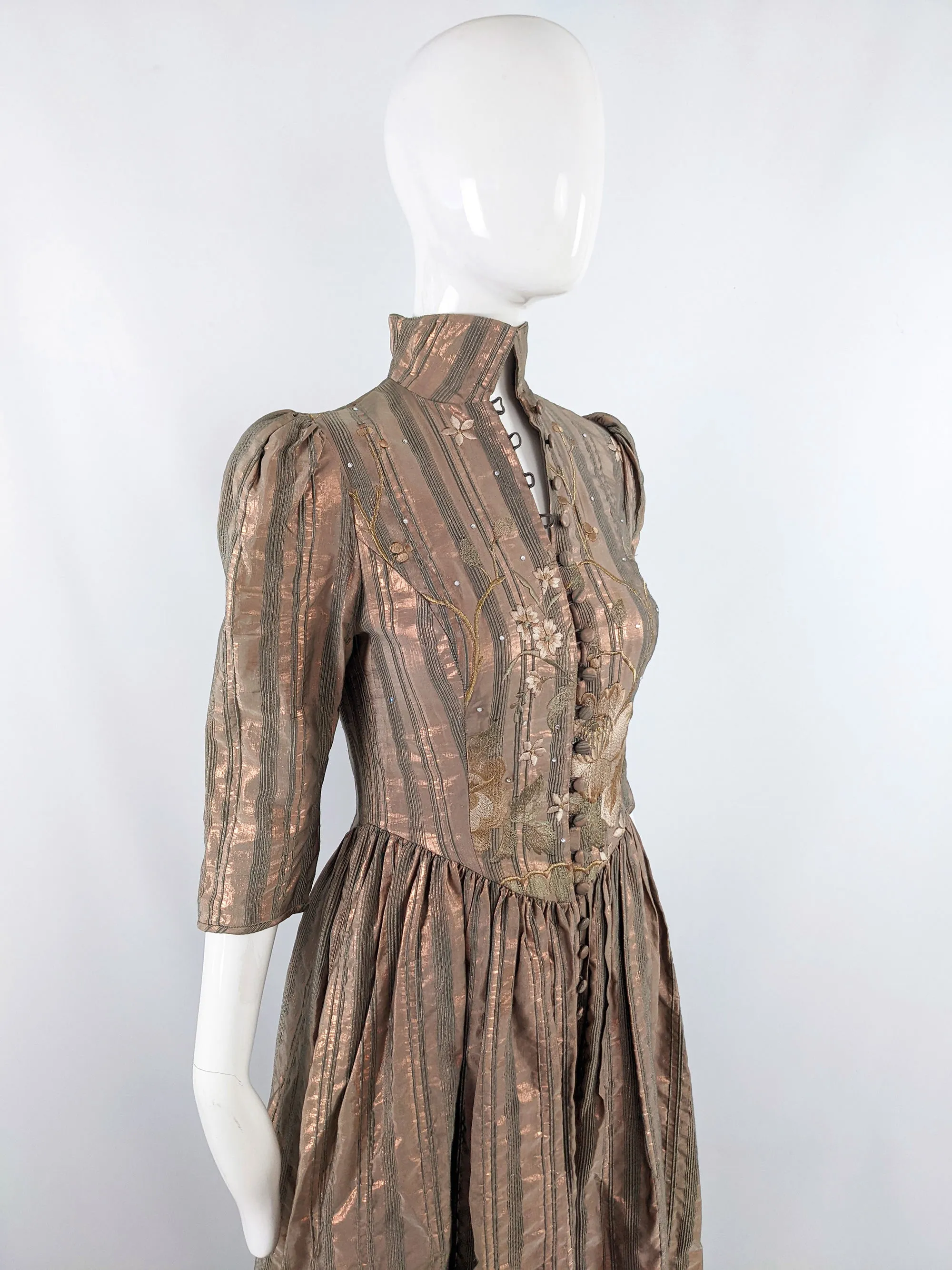 Caroline Charles Vintage Pale Metallic Bronze Embroidered Dress, 1980s