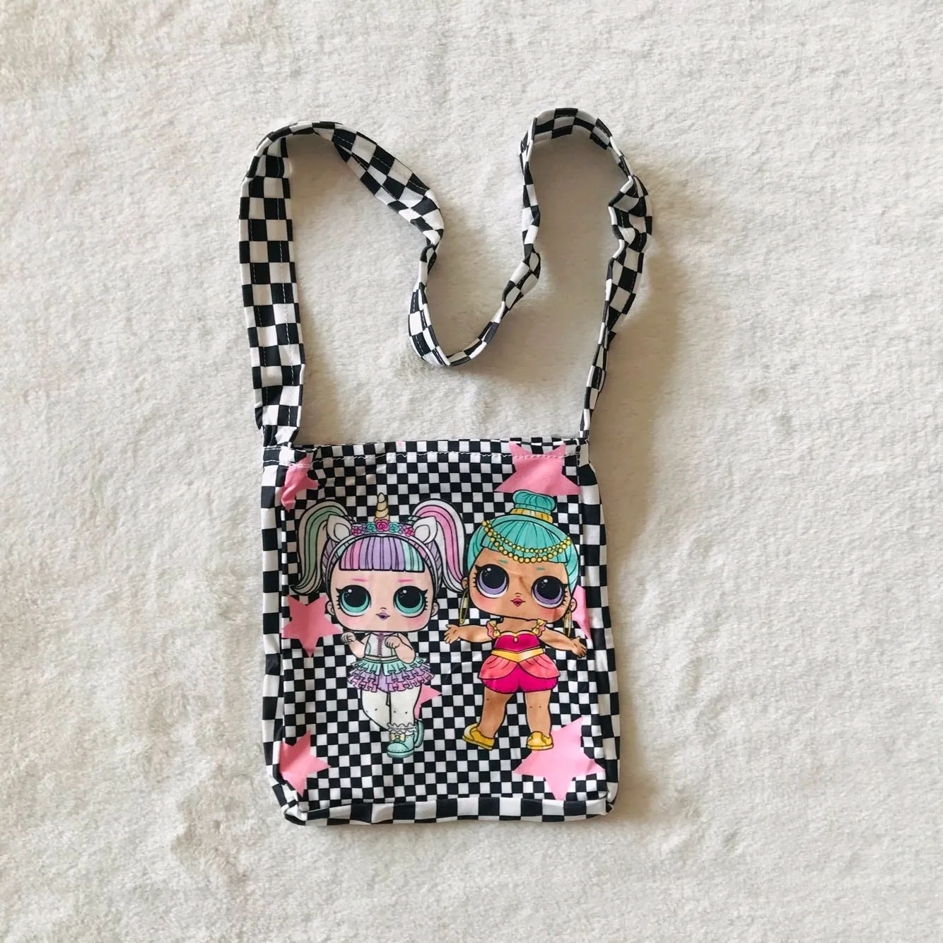 Cartoon black white plaid girl backpack