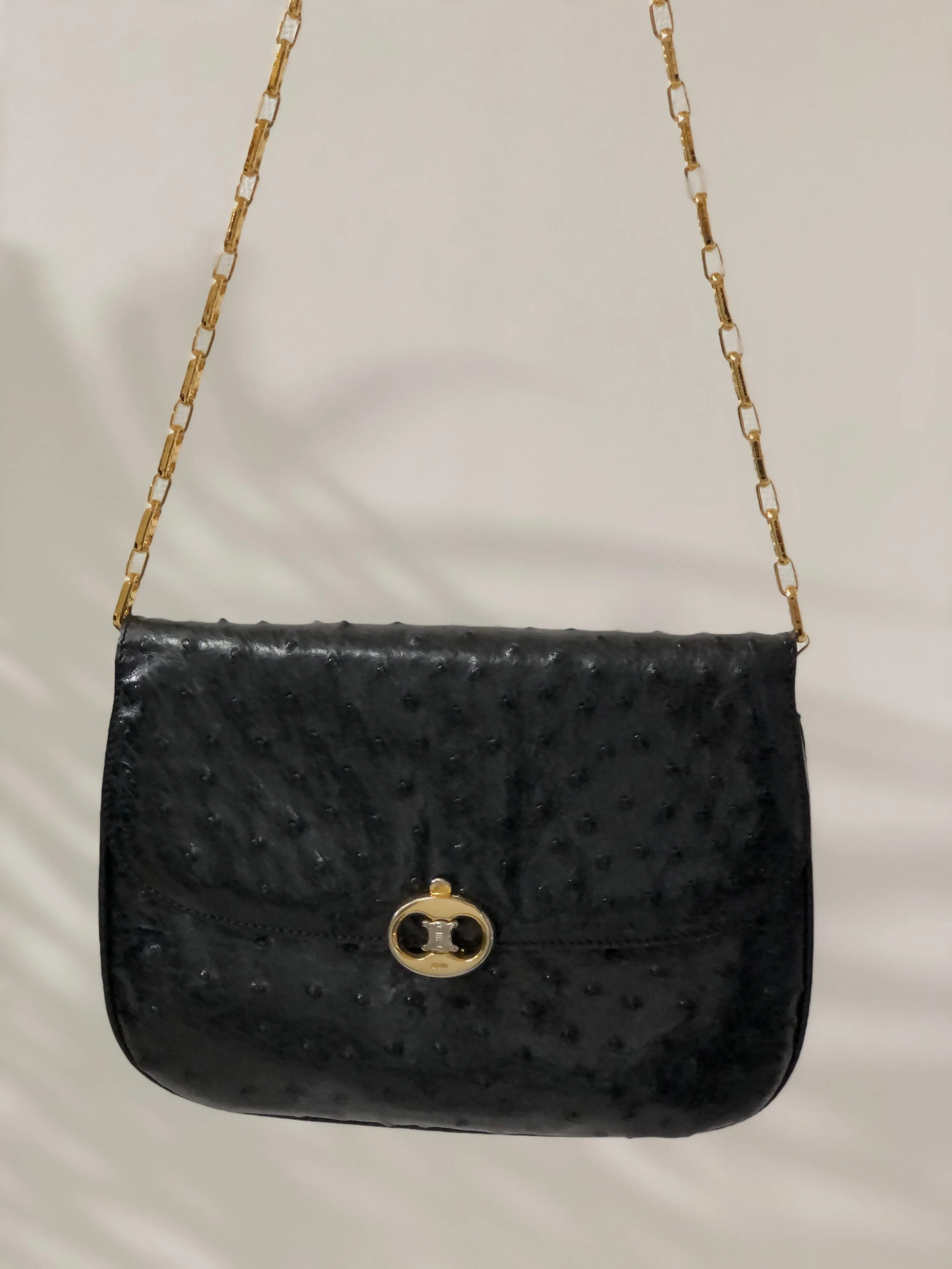 CELINE Triomphe Ostrich Leather Chain Shoulder bag Black Vintage Old Celine 6vhygw