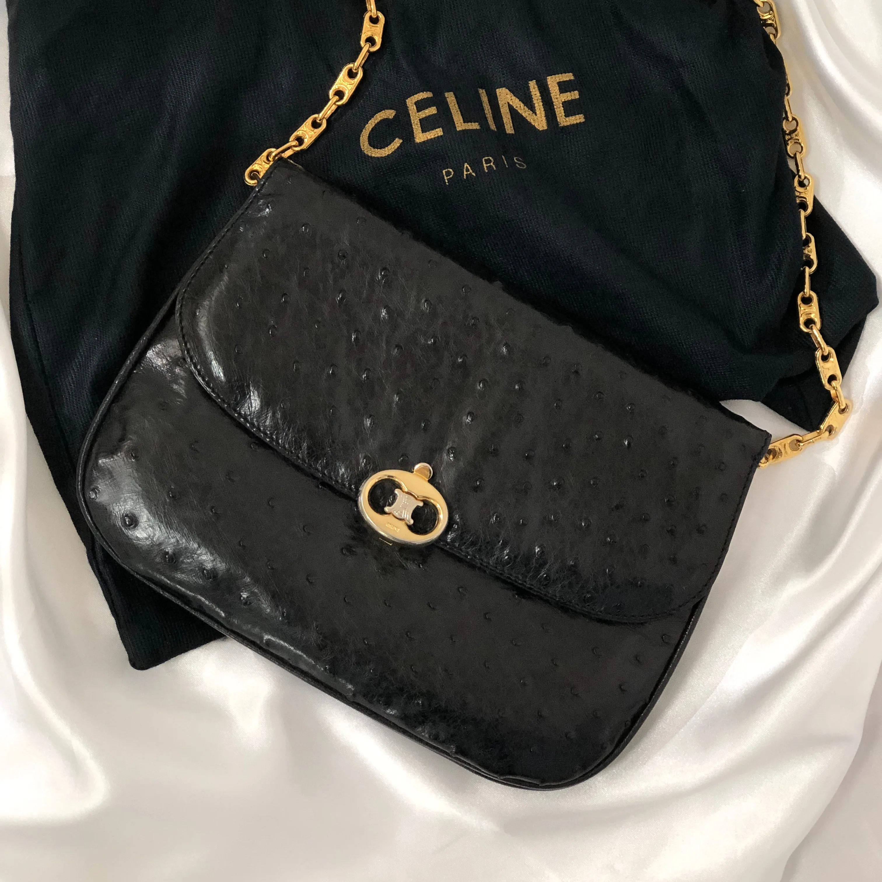 CELINE Triomphe Ostrich Leather Chain Shoulder bag Black Vintage Old Celine 6vhygw