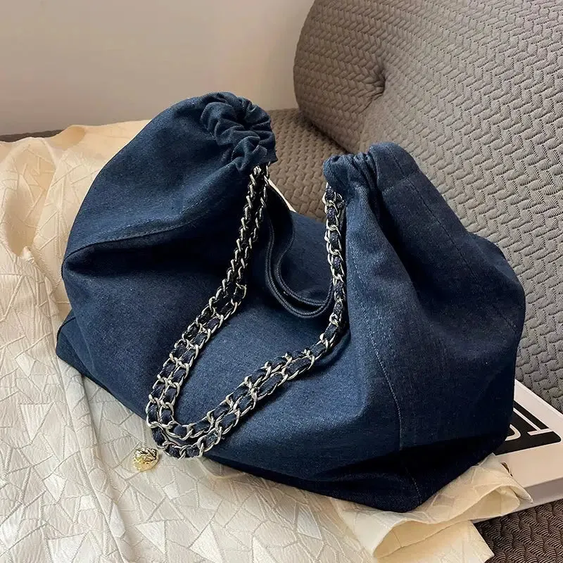 Chain Strap Denim Bucket Bag