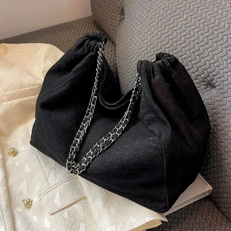 Chain Strap Denim Bucket Bag