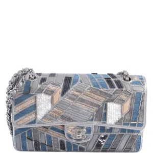 Chanel Medium Classic Double Flap Embroidered Patchwork Denim, Sequin and Silver Lambskin Silver Hardware