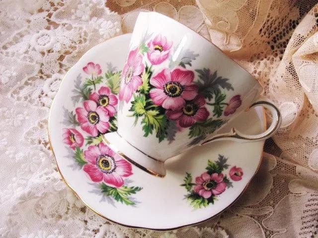 CHEERFUL Vintage English Tea Cup and Saucer PINK Flowers for Bridal Luncheons,Showers,Hostess Gift, Bridesmaid Gift, Wedding, Alice in Wonderland Tea Party