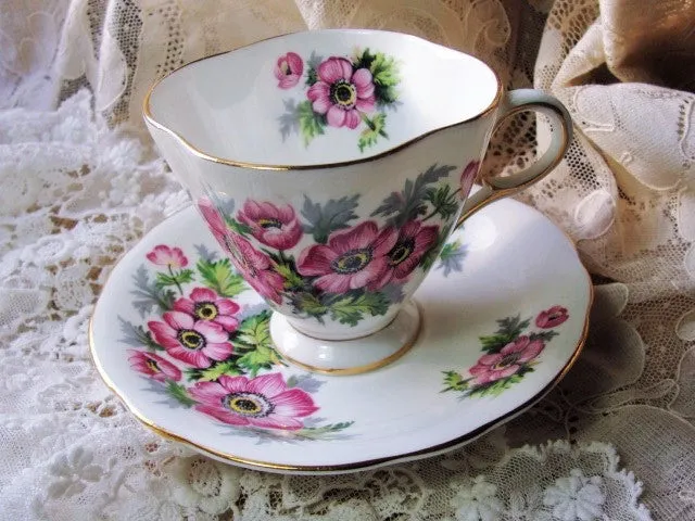 CHEERFUL Vintage English Tea Cup and Saucer PINK Flowers for Bridal Luncheons,Showers,Hostess Gift, Bridesmaid Gift, Wedding, Alice in Wonderland Tea Party