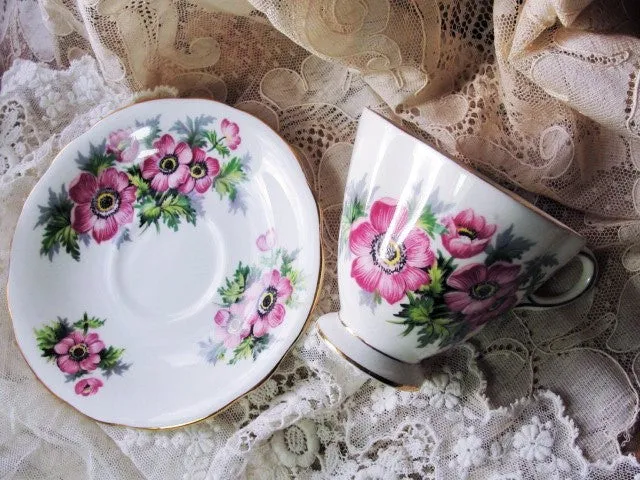 CHEERFUL Vintage English Tea Cup and Saucer PINK Flowers for Bridal Luncheons,Showers,Hostess Gift, Bridesmaid Gift, Wedding, Alice in Wonderland Tea Party