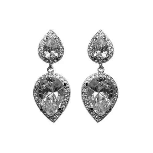 Classic Stylish Sharp Pear Shaped 2 Center CZ Stone Dangle Brass Earrings