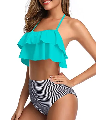 Classic Two-Piece Bikini Backless Design-Aqua Stripe