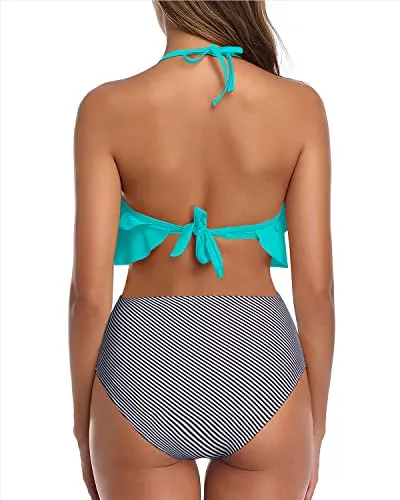 Classic Two-Piece Bikini Backless Design-Aqua Stripe