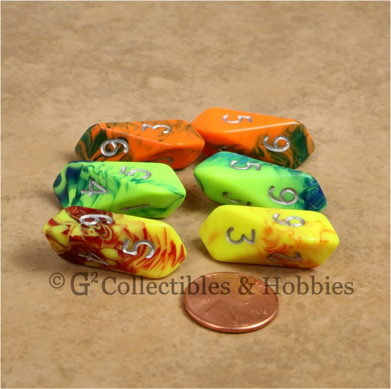 D6 Crystal Toxic Dice 6pc Set - Yellow, Green & Orange