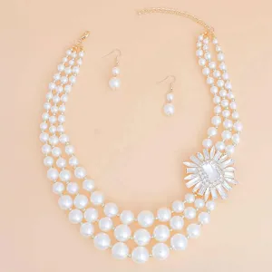 Dazzling 3-Strand Cream Pearl Beaded Necklace Earrings Set