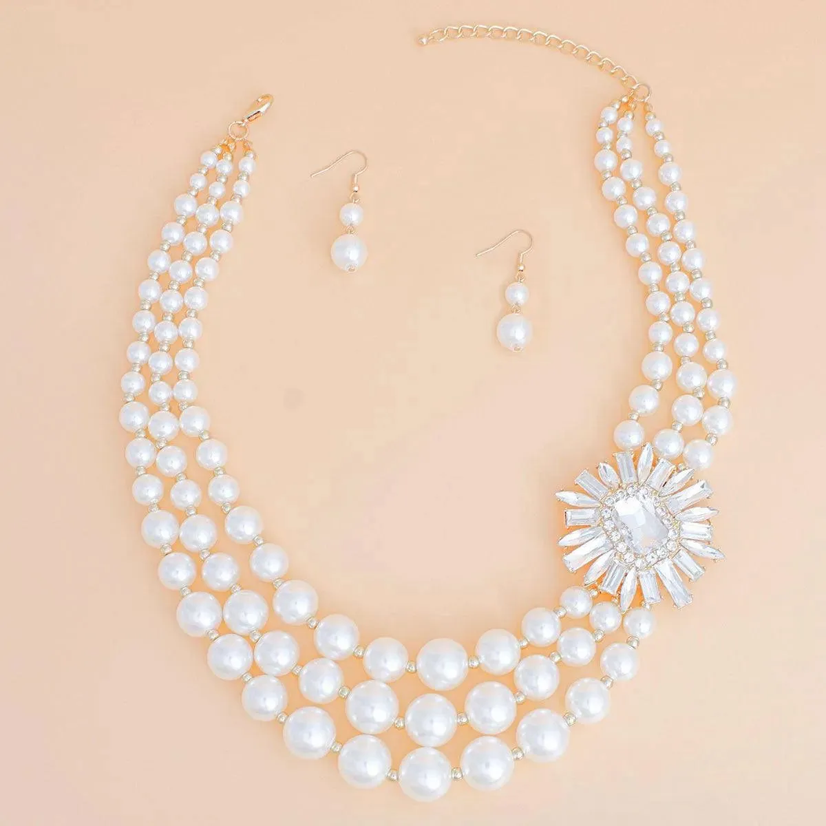 Dazzling 3-Strand Cream Pearl Beaded Necklace Earrings Set