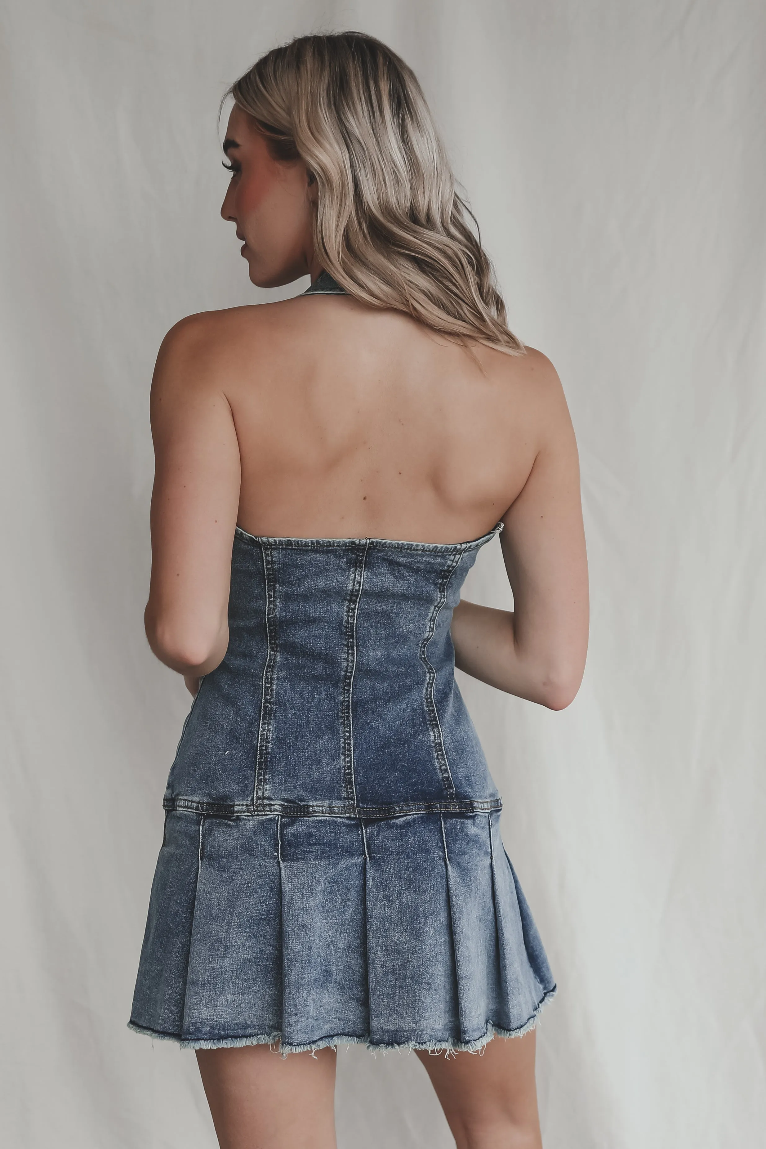 DEAL Denim Is Your Color Halter Zip Up Denim Dress