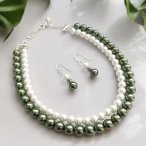 Deep Green & White : Double Layered Pearl Necklace Set