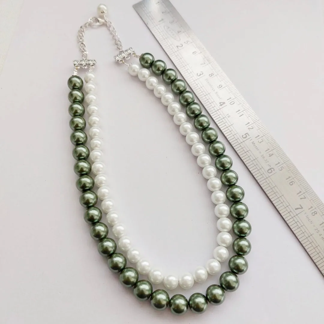 Deep Green & White : Double Layered Pearl Necklace Set