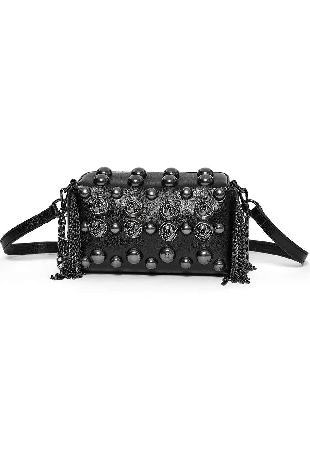 Edgy Black Studded Crossbody Bag with Gothic Rose Rivets