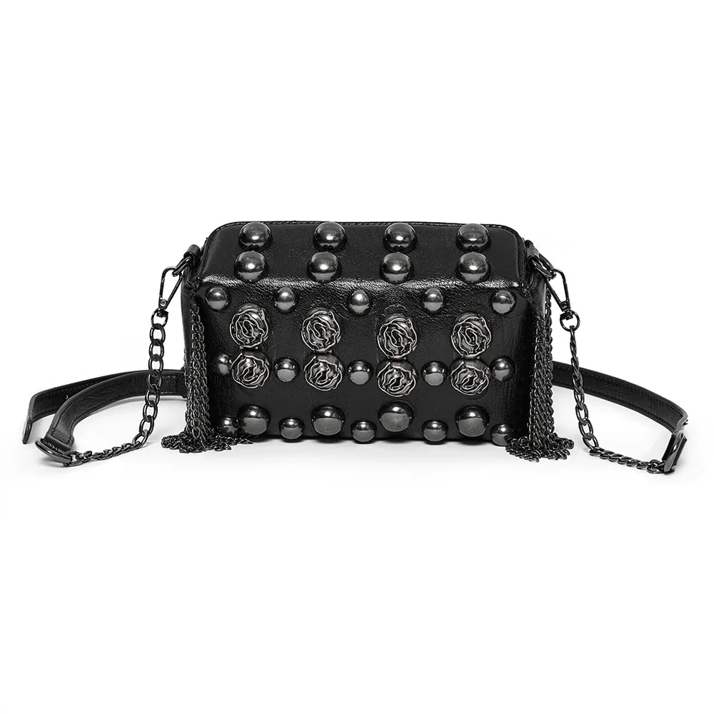 Edgy Black Studded Crossbody Bag with Gothic Rose Rivets