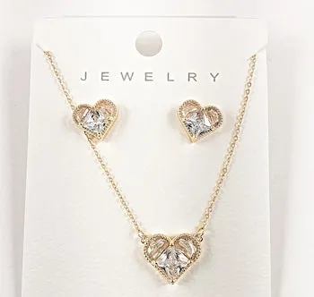 Elegant Mix CZ Setting Delicate Heart Earring Necklace Gold Tone Brass Set