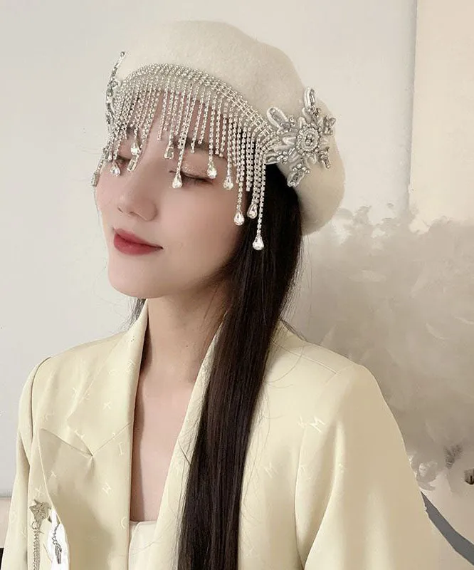 Elegant White Tassel Cashmere Baseball Cap Hat