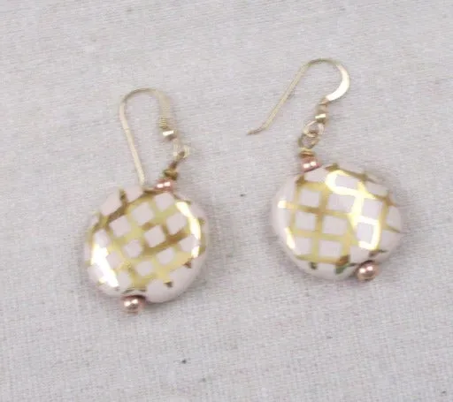 Fair Trade Kazuri Bead Earrings Cream & Gold