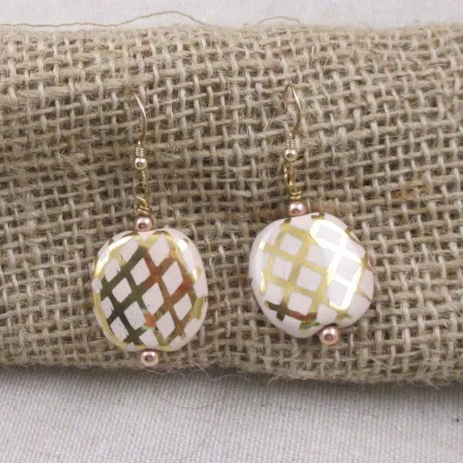 Fair Trade Kazuri Bead Earrings Cream & Gold