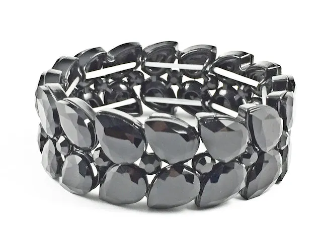 Fancy Stylish Large Pear Shape Black Color Crystals Stretch Fashion Bracelet