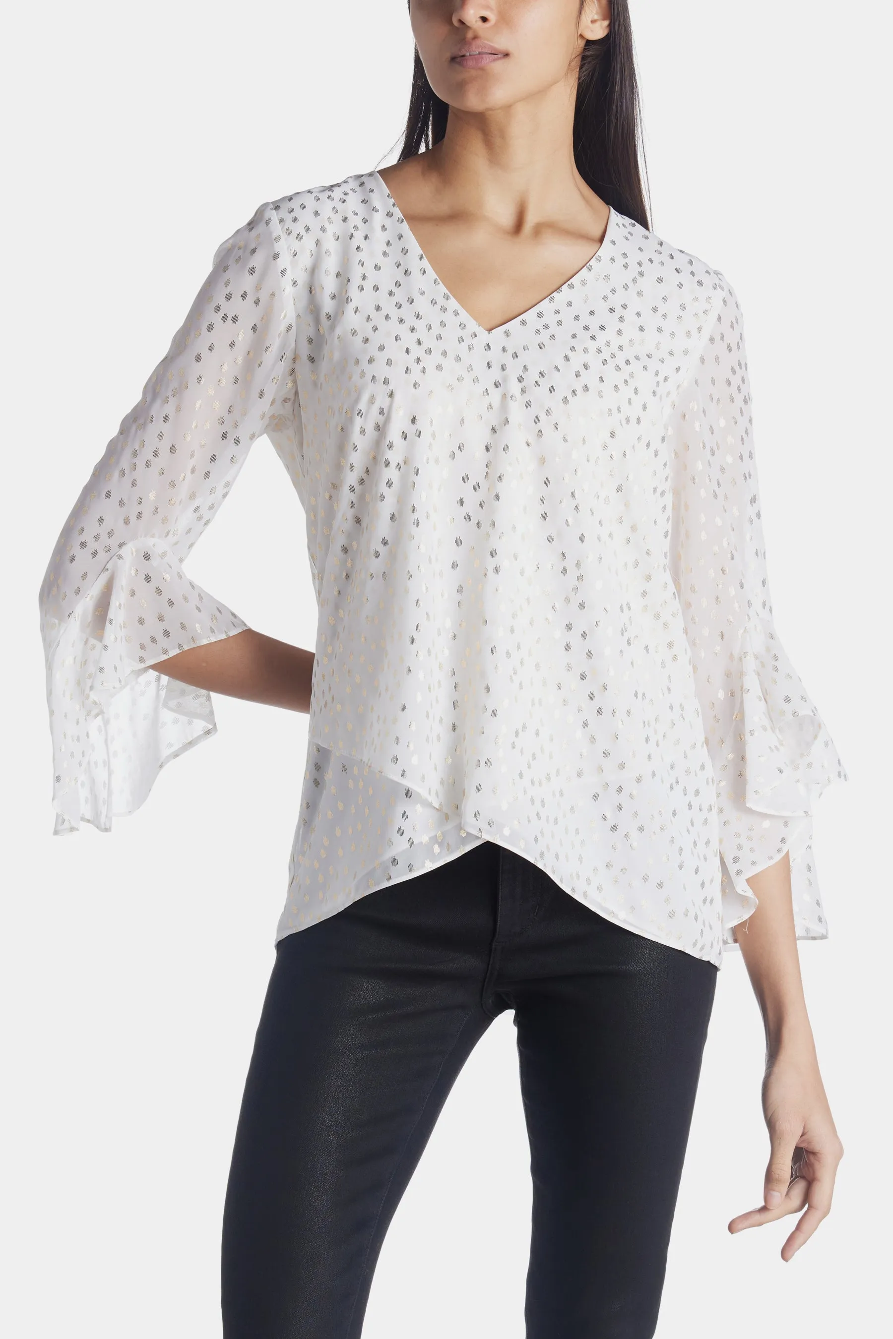 Flutter Sleeve V-Neck Dash Dot Tunic