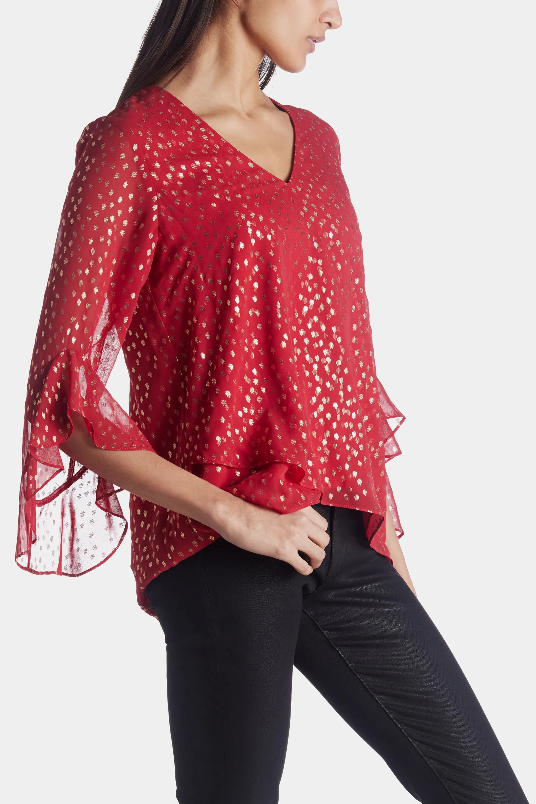 Flutter Sleeve V-Neck Dash Dot Tunic