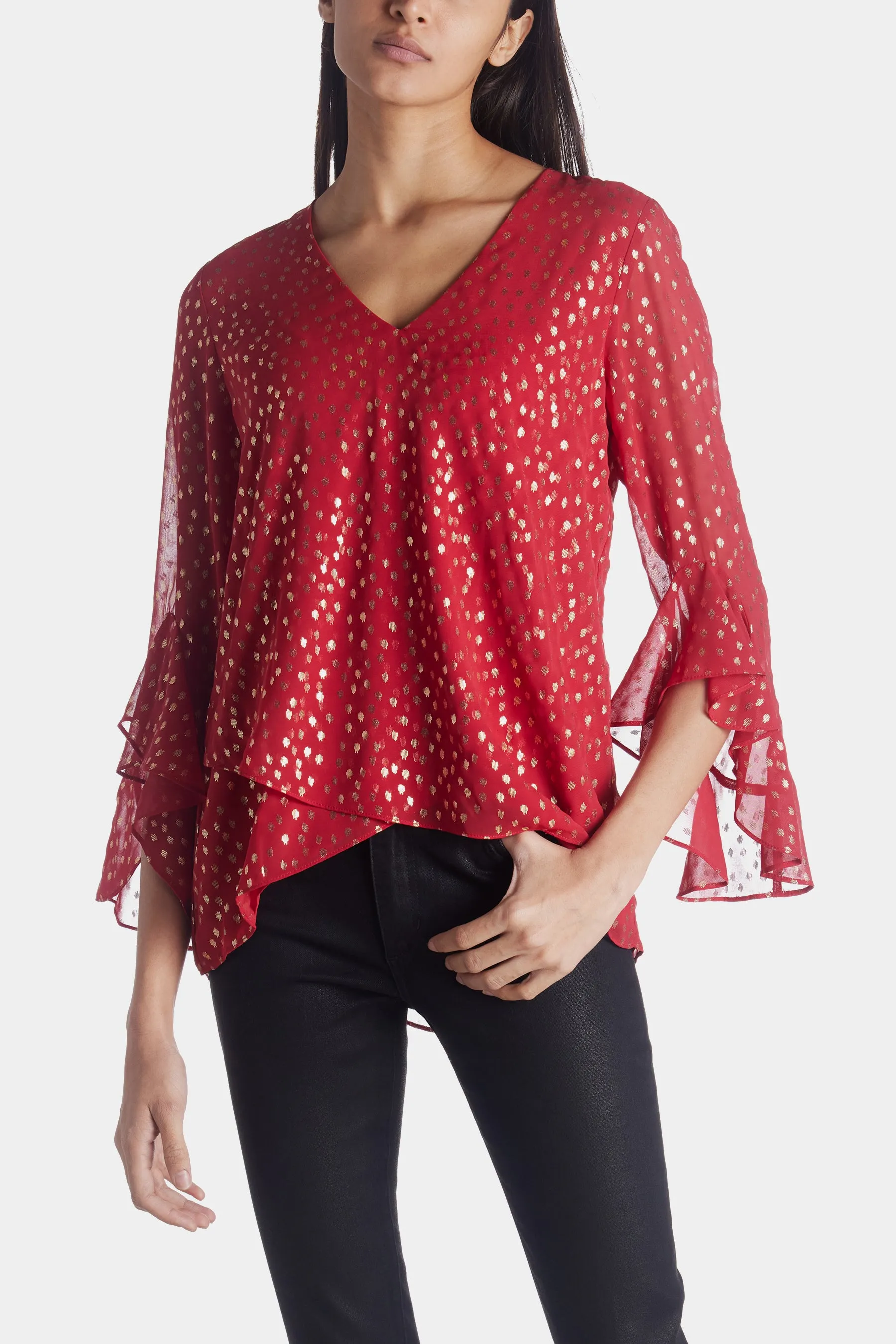 Flutter Sleeve V-Neck Dash Dot Tunic