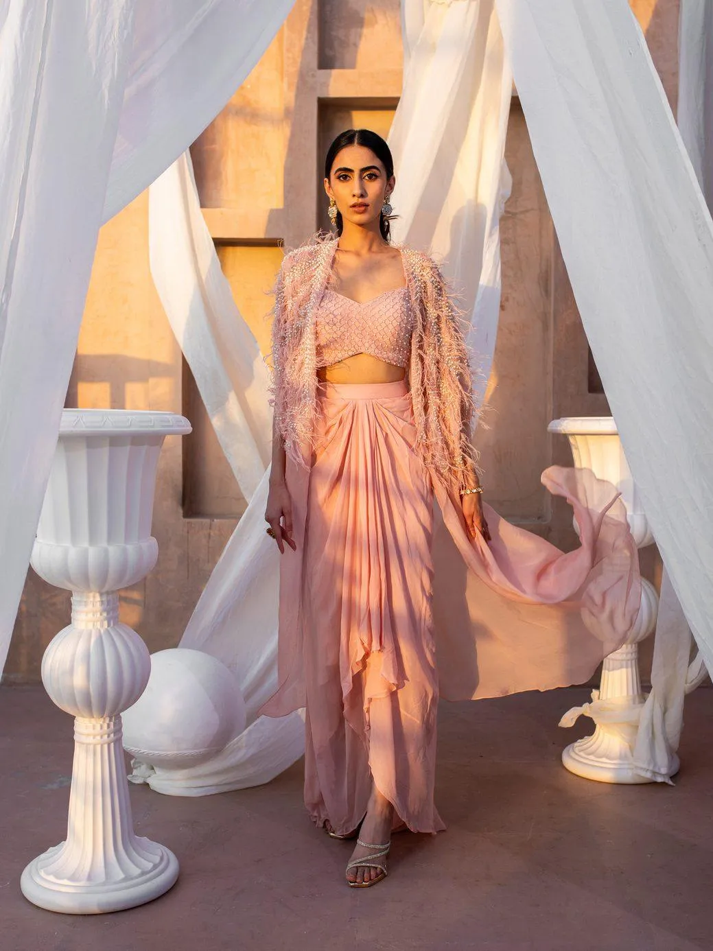 Fringed Long Jacket with skirt and embroidered blouse