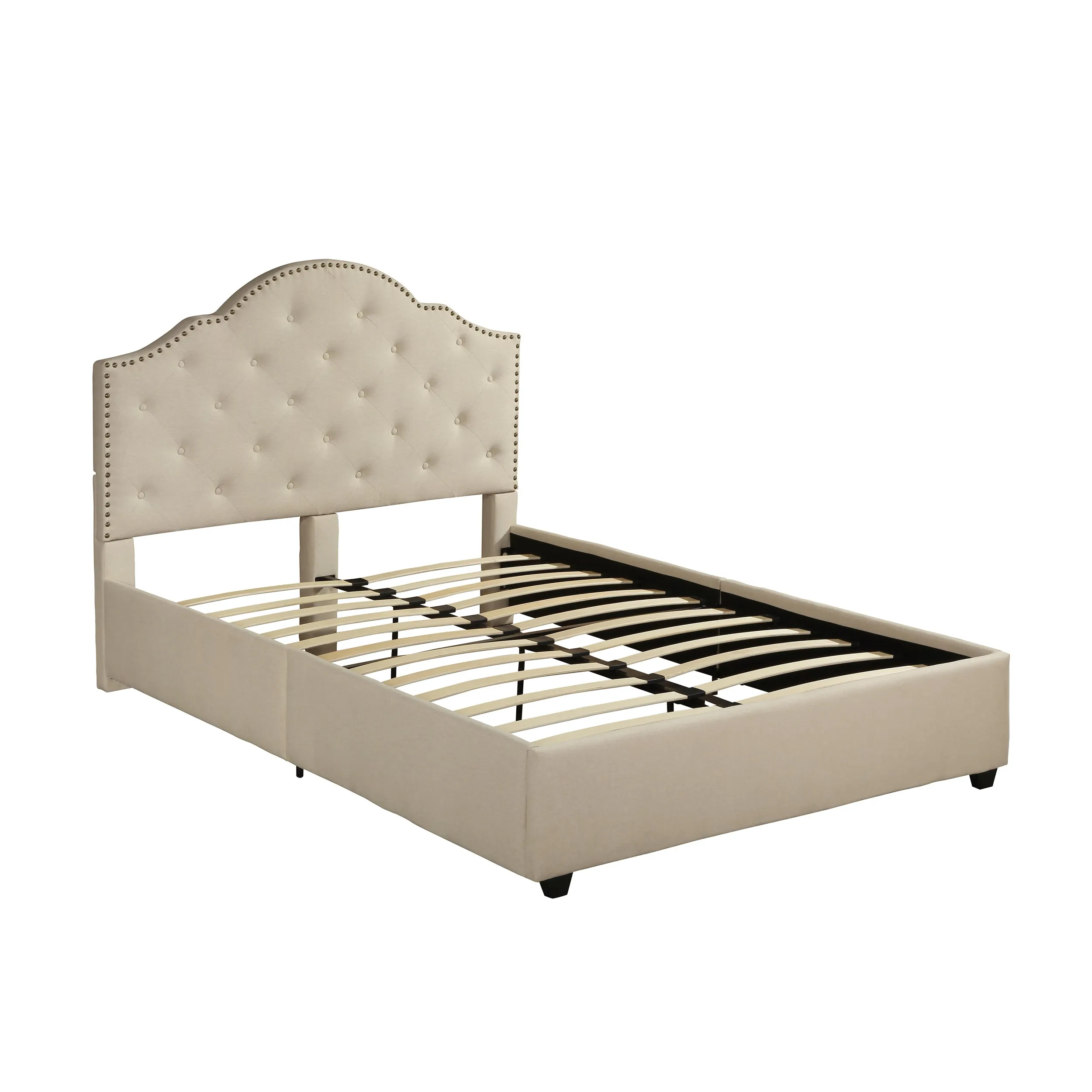 Gentry Contemporary Button-Tufted Camelback Queen Bed Frame with Nailhead Trim