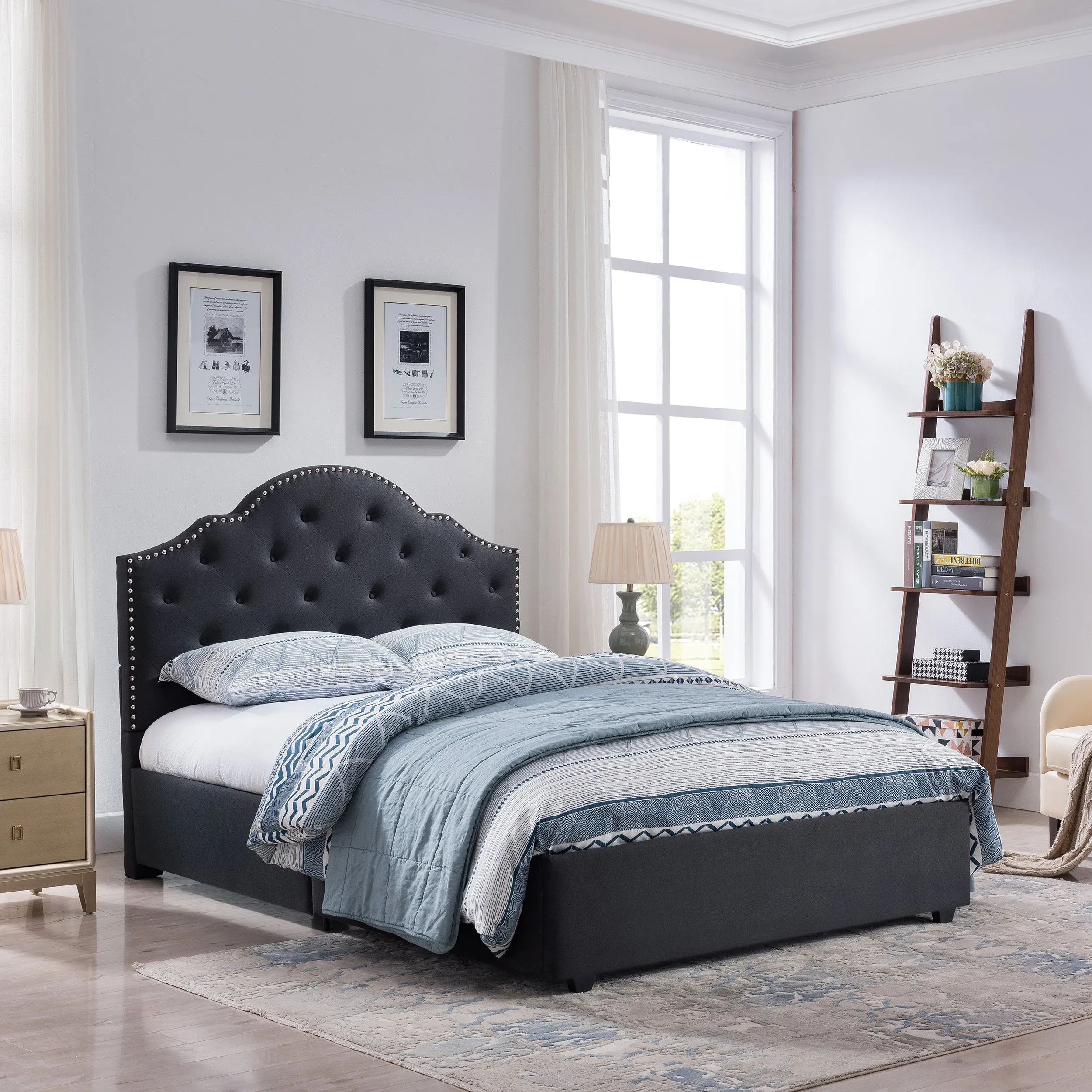 Gentry Contemporary Button-Tufted Camelback Queen Bed Frame with Nailhead Trim