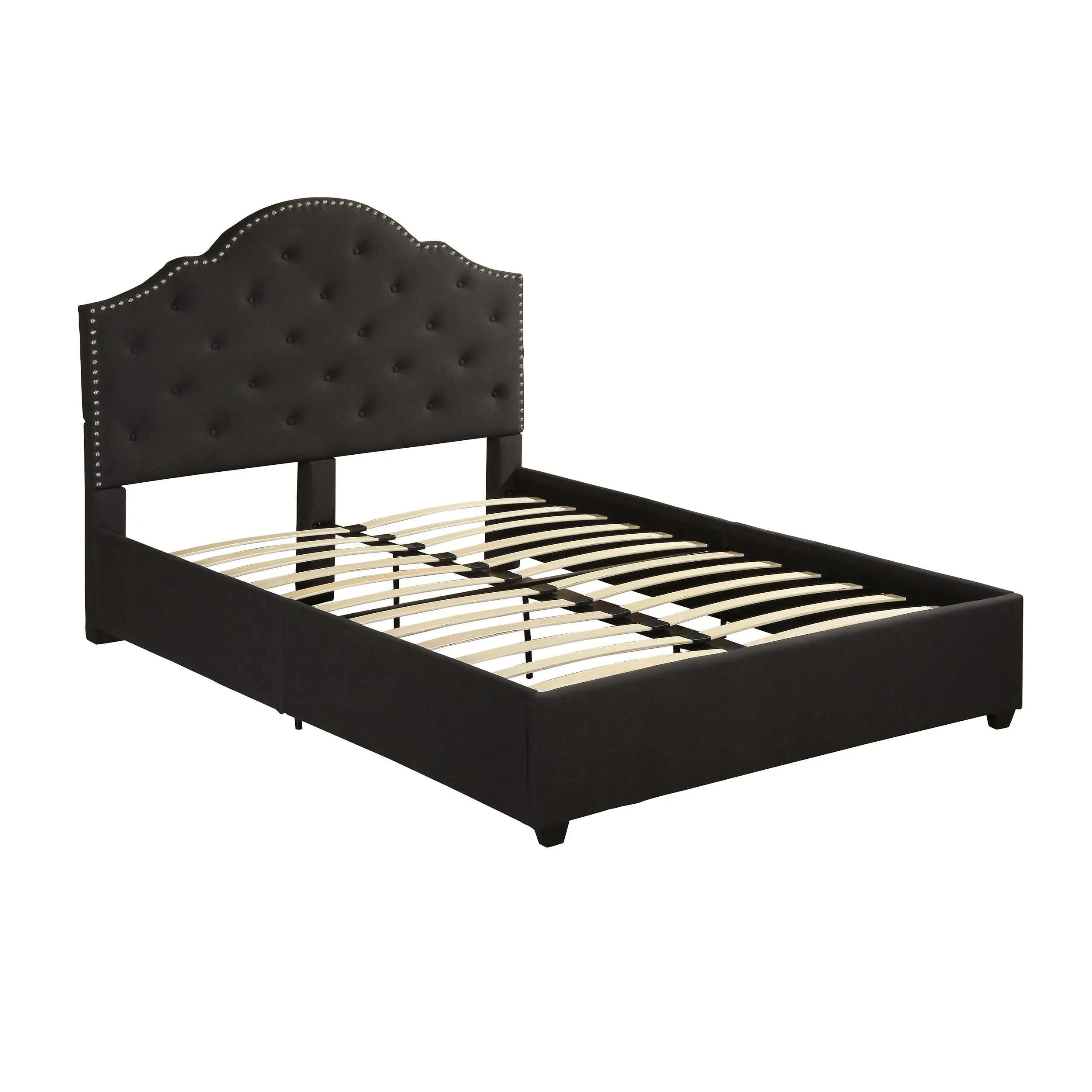 Gentry Contemporary Button-Tufted Camelback Queen Bed Frame with Nailhead Trim