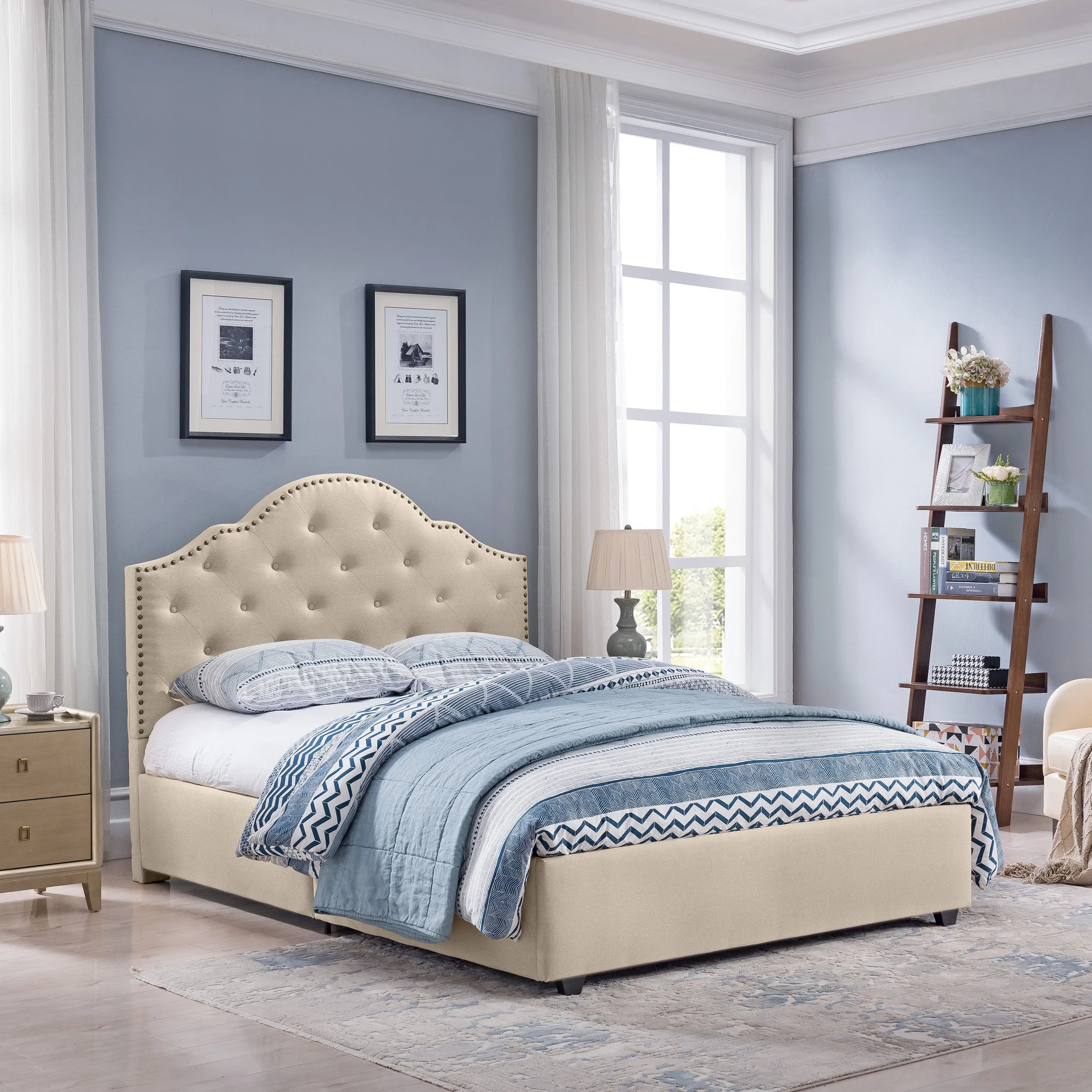 Gentry Contemporary Button-Tufted Camelback Queen Bed Frame with Nailhead Trim