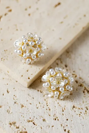 Gold Flower Faux Pearls Stud Earrings