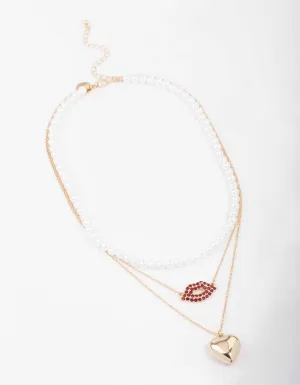 Gold Heart & Lips Glamorous Layered Necklace