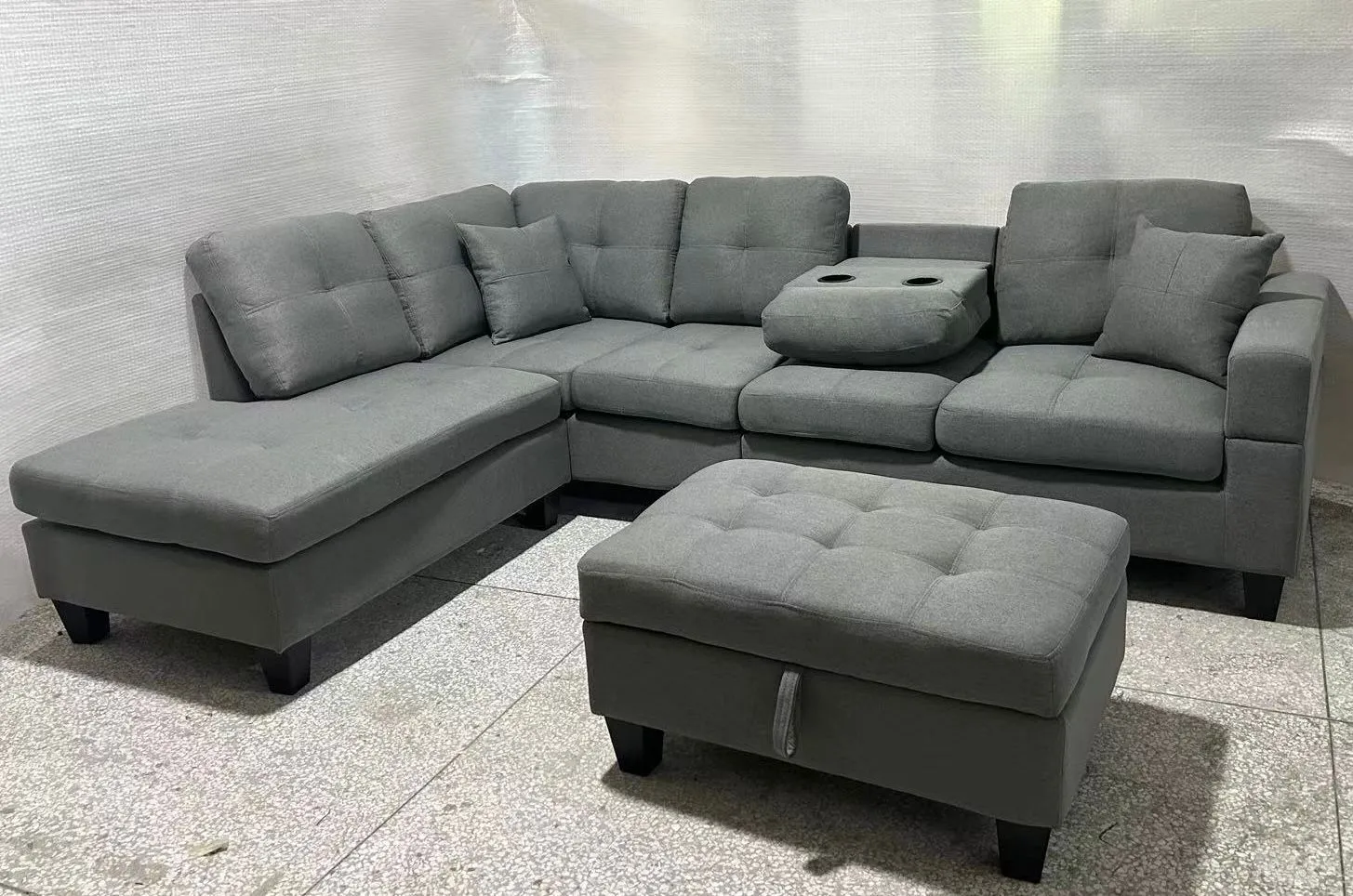 Grey Fabric Sectional With Drop Down Cup Holder & Throw Pillows- Model #2401