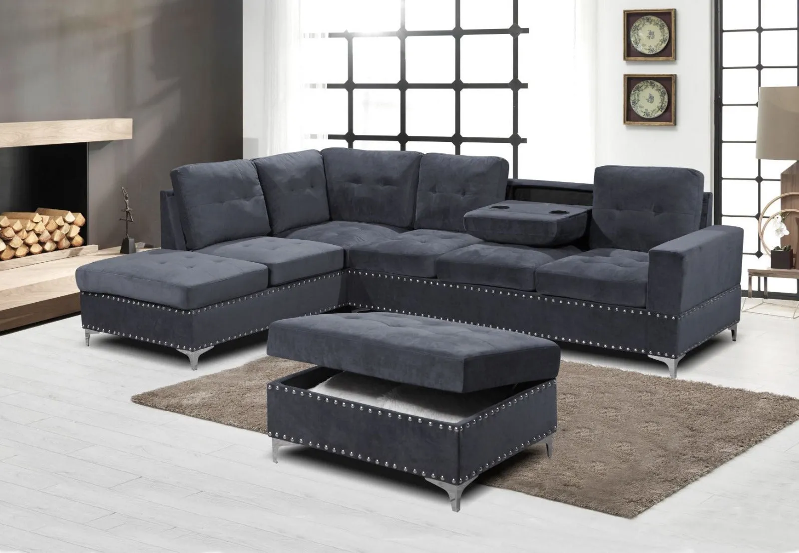 Grey Velvet Sectional With Storage Ottoman & Cup Holders- Model #2620