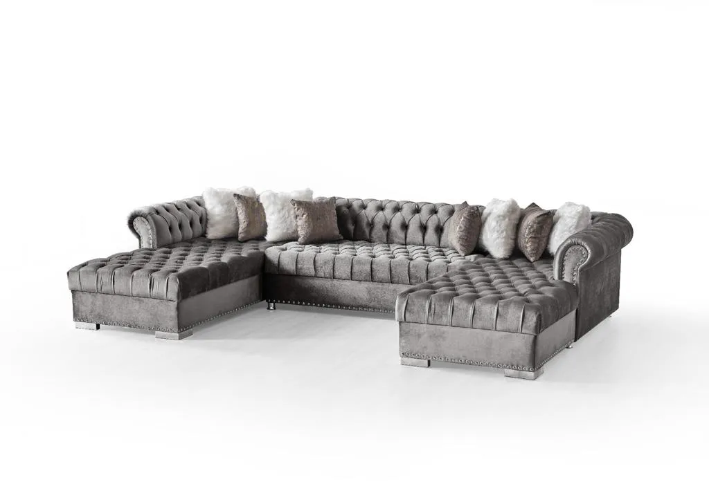 Grey Velvet Tufted U Shaped Sectional- Includes Throw Pillows - Model Jordan