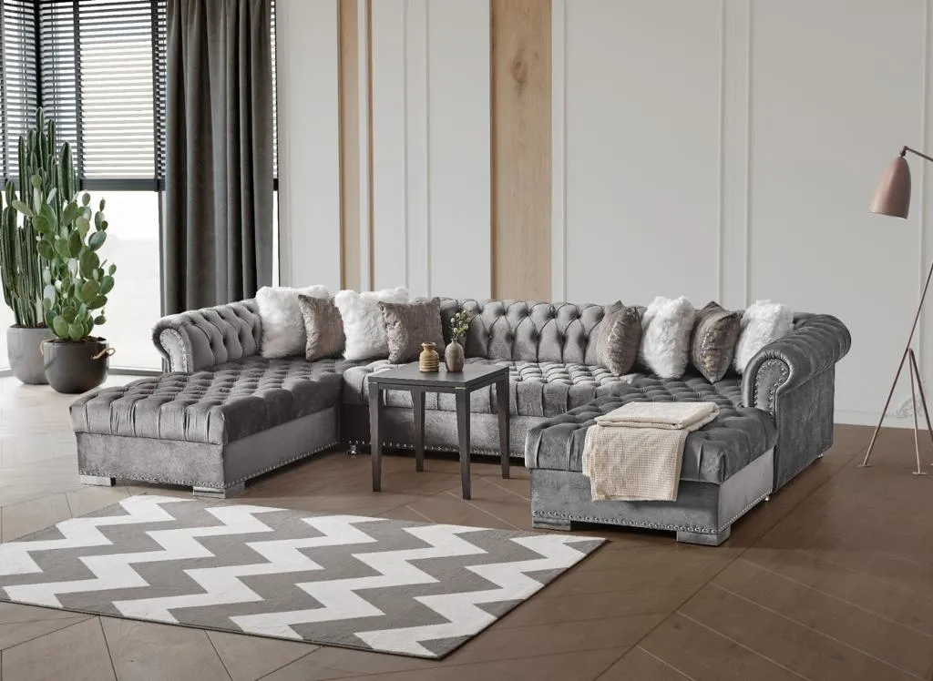 Grey Velvet Tufted U Shaped Sectional- Includes Throw Pillows - Model Jordan