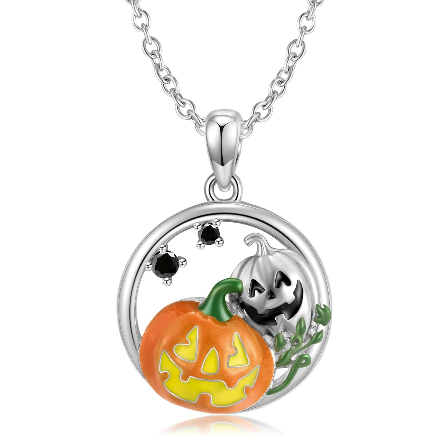 Halloween Jack-O-Lantern Circle Pendant Silver Necklace