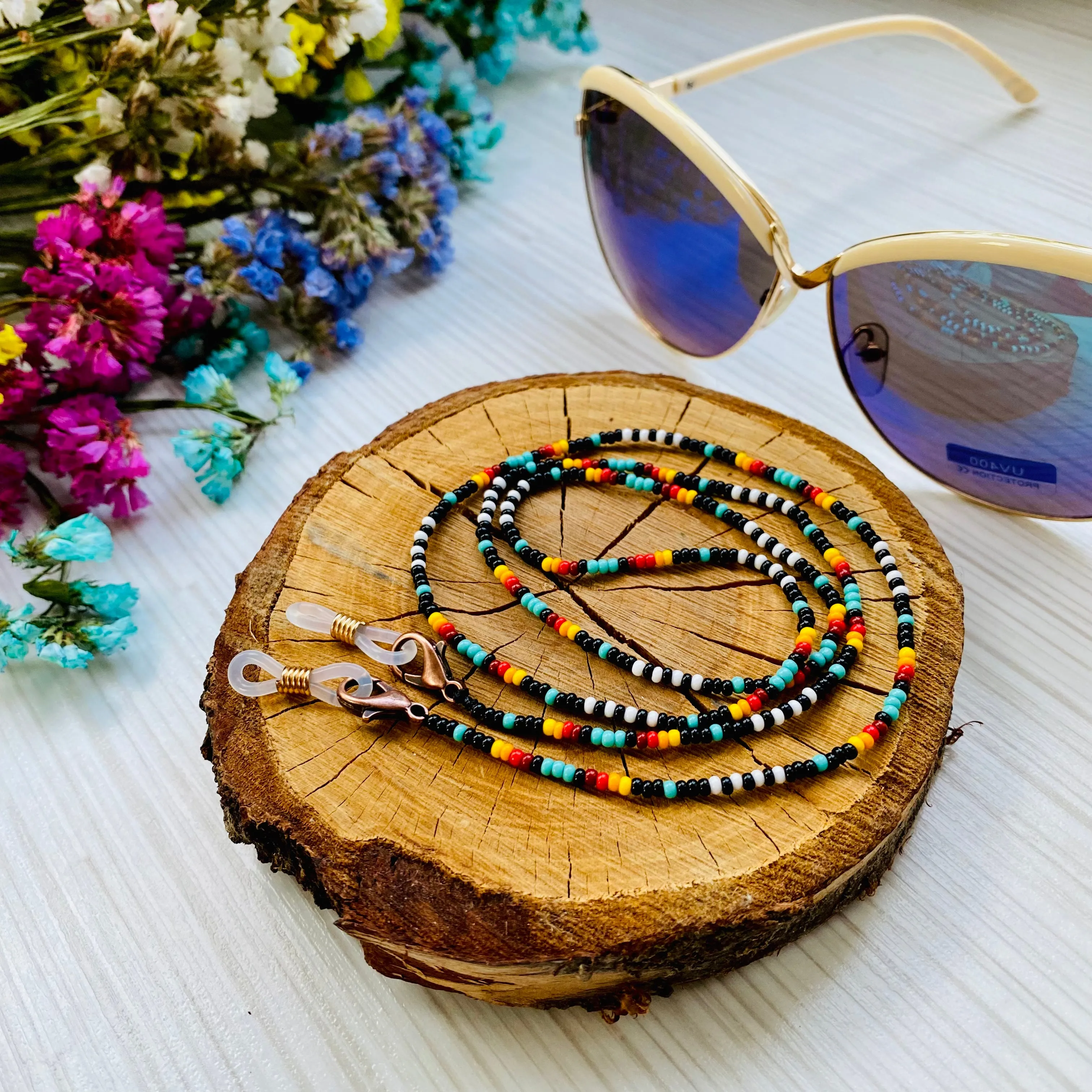 Handmade Dainty Bohemian Seed Beaded Indigenous Glasses Chain, Native inspired