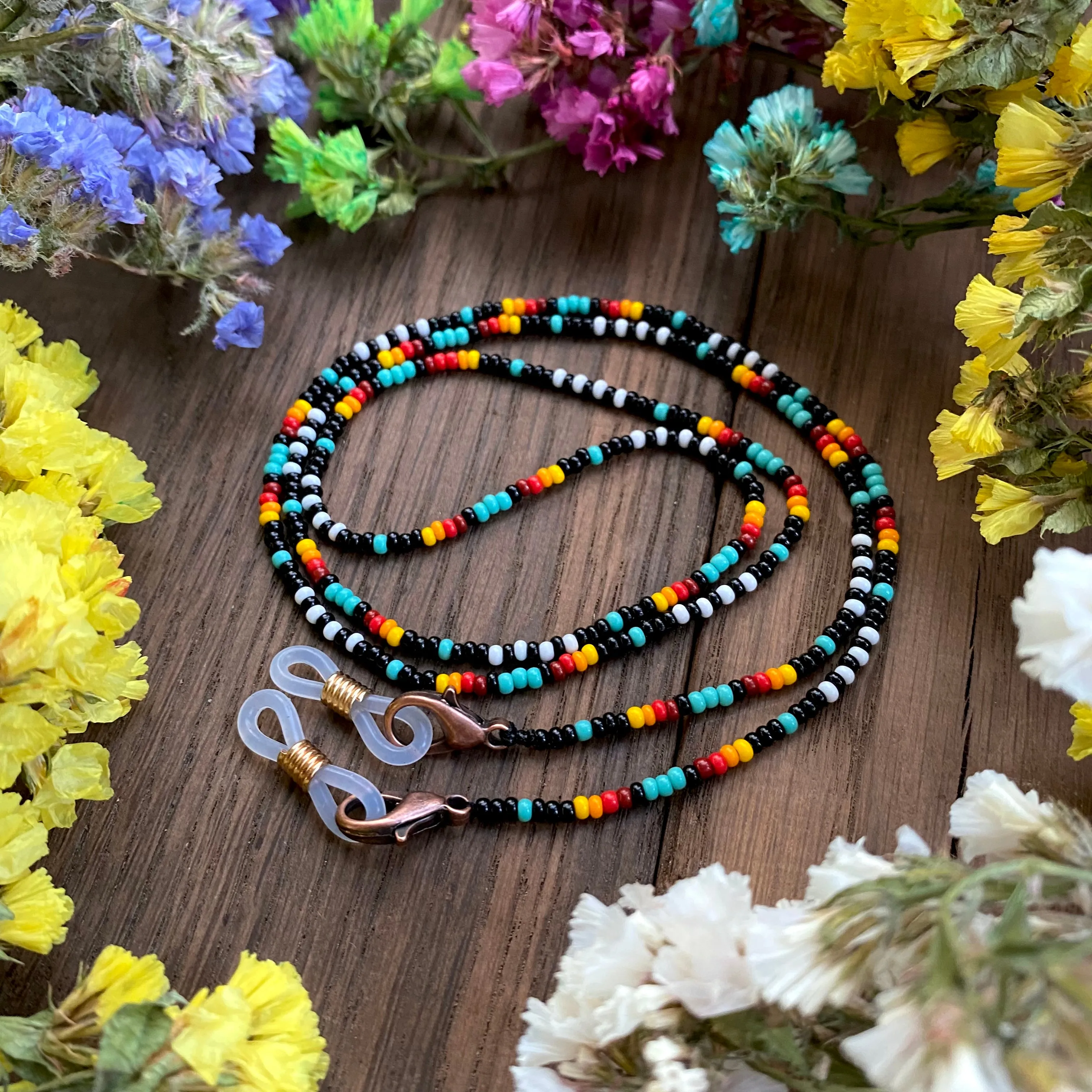 Handmade Dainty Bohemian Seed Beaded Indigenous Glasses Chain, Native inspired