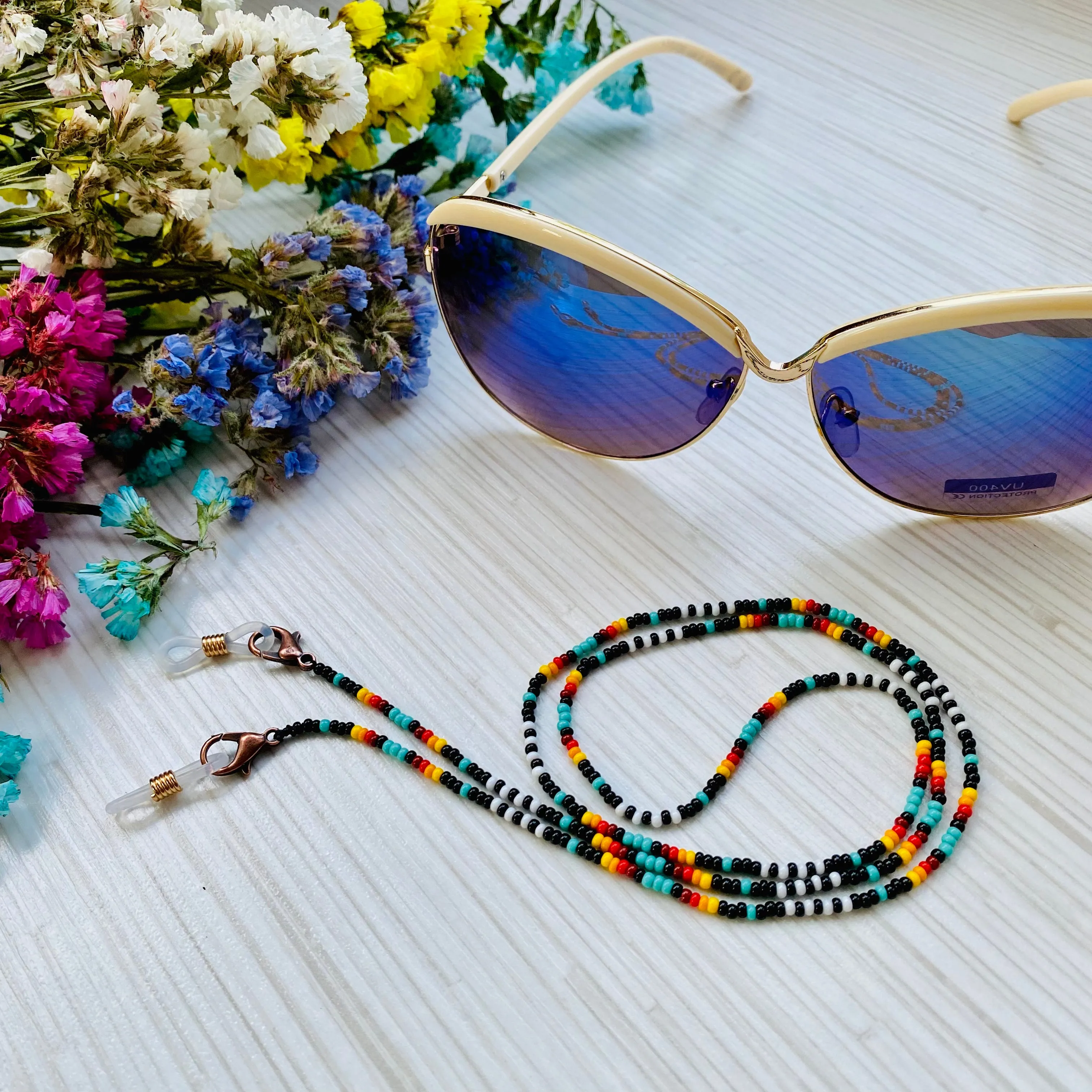 Handmade Dainty Bohemian Seed Beaded Indigenous Glasses Chain, Native inspired