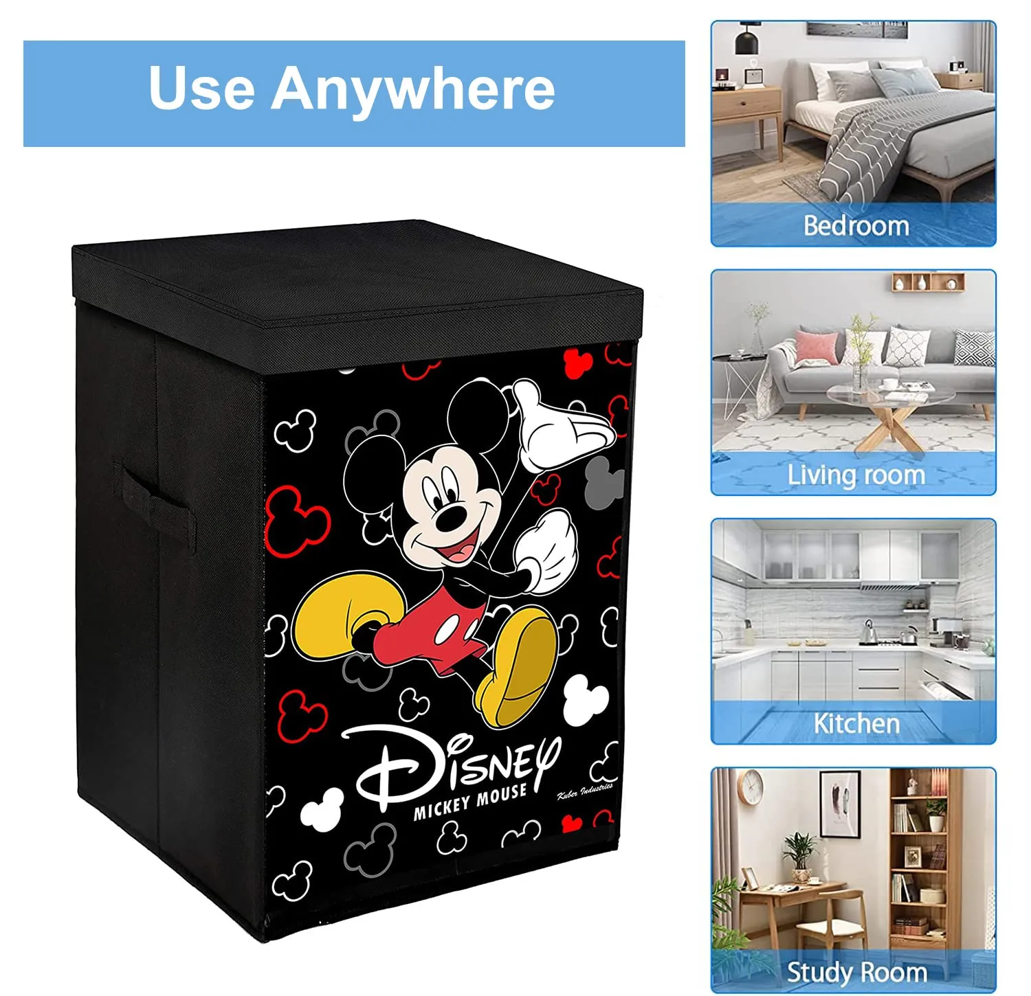 Heart Home Mickey Mouse Print Non-Woven Laundry Basket, Clothes Hamper For Laundry Closet, Bedroom, Bathroom With Lid & Handles (Black) 54HH4083.