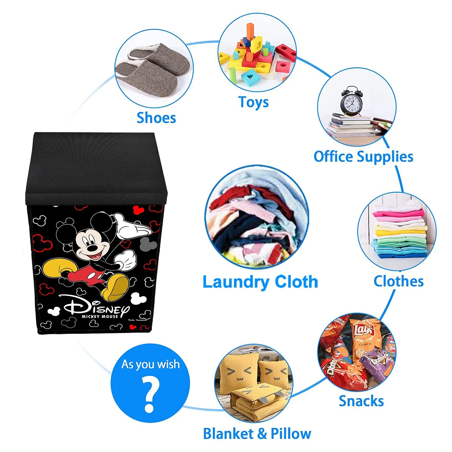 Heart Home Mickey Mouse Print Non-Woven Laundry Basket, Clothes Hamper For Laundry Closet, Bedroom, Bathroom With Lid & Handles (Black) 54HH4083.