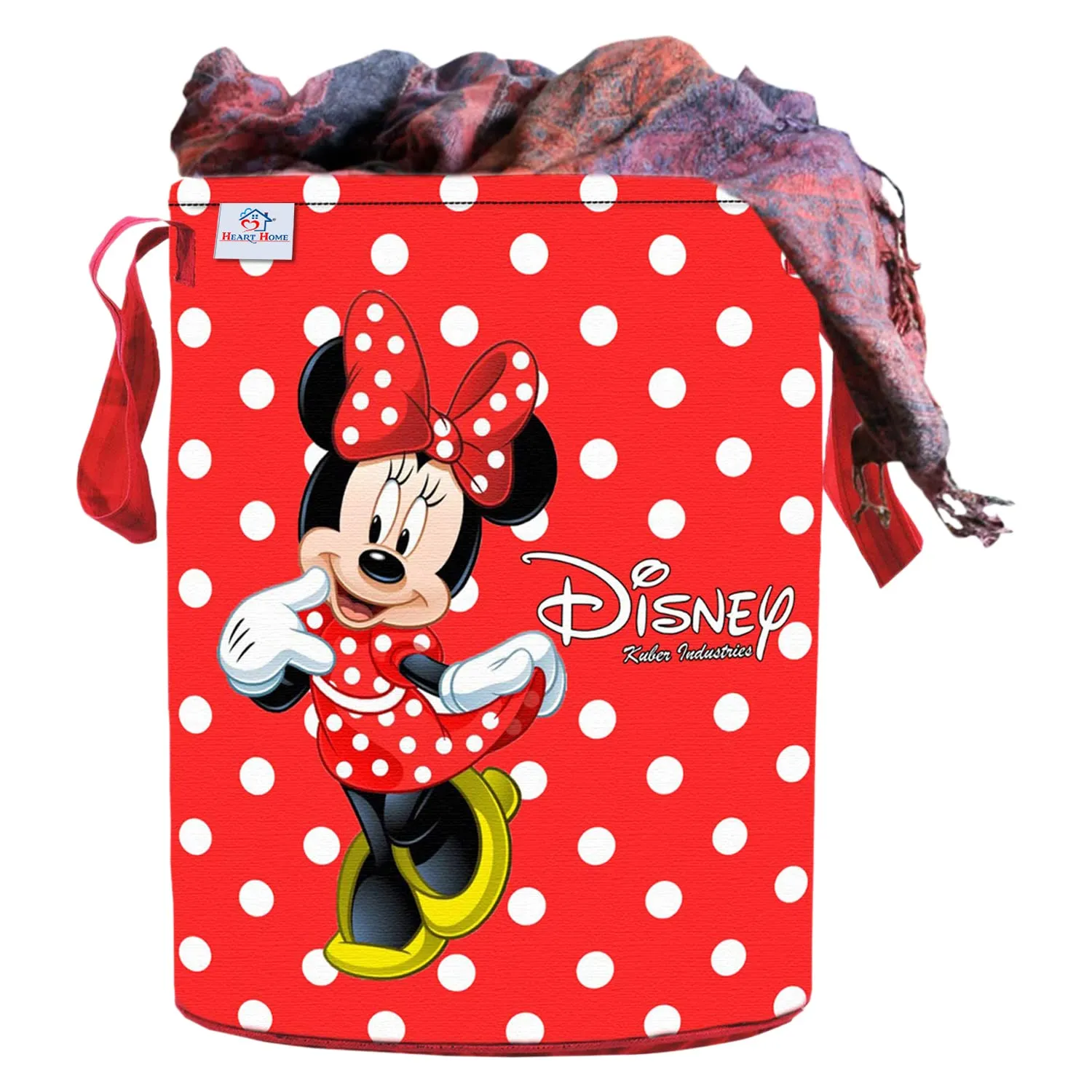 Heart Home Minnie Print Polyester Laundry Basket/Clothes Hamper For Laundry Closet, Bathroom With Handle 45 liter (Red)