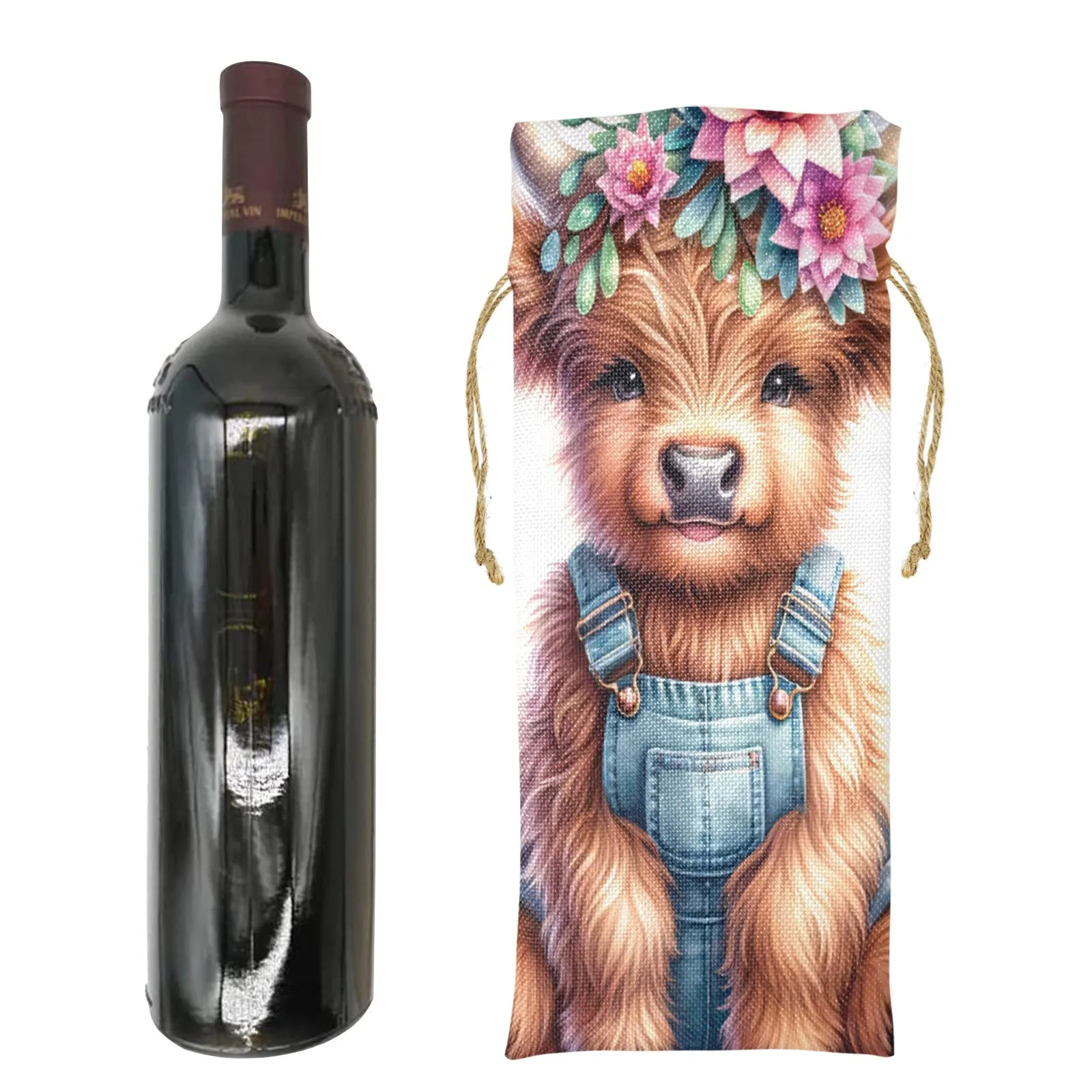 Highland Cow awd1160 Linen Wine Bottle Bag