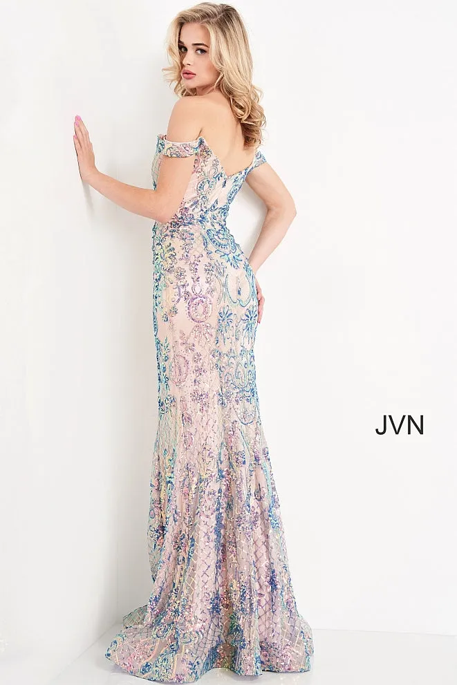 Jovani JVN04515 Size 8 Ivory Long Fitted Sequin Prom Dress off the shoulder Mermaid Pageant