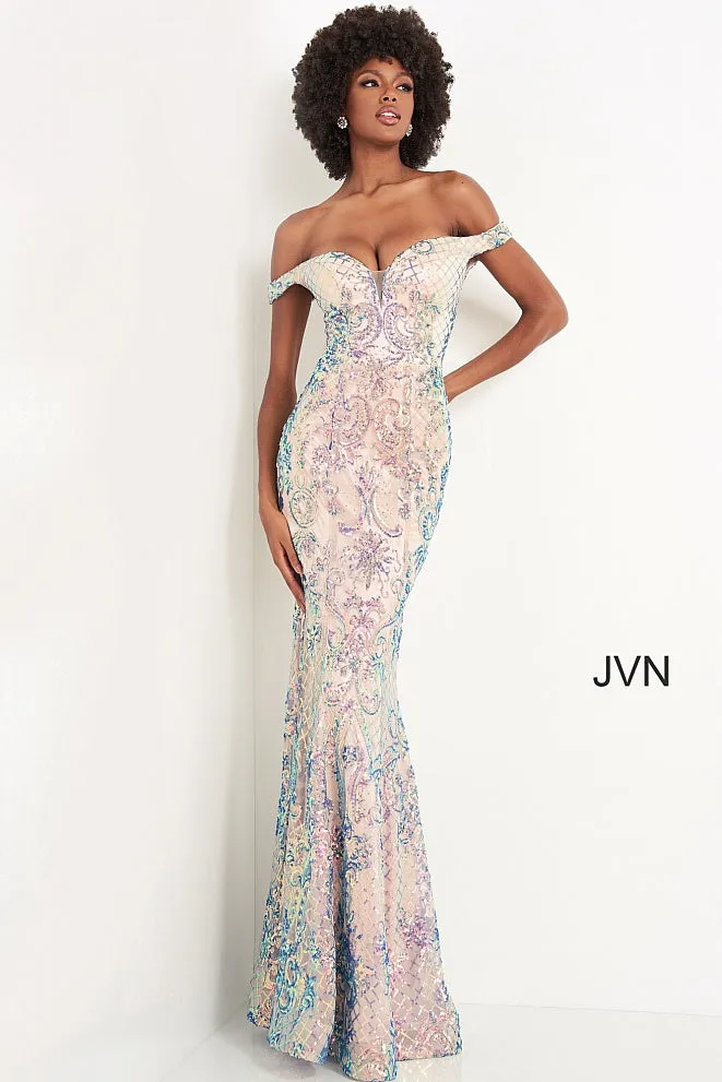 Jovani JVN04515 Size 8 Ivory Long Fitted Sequin Prom Dress off the shoulder Mermaid Pageant